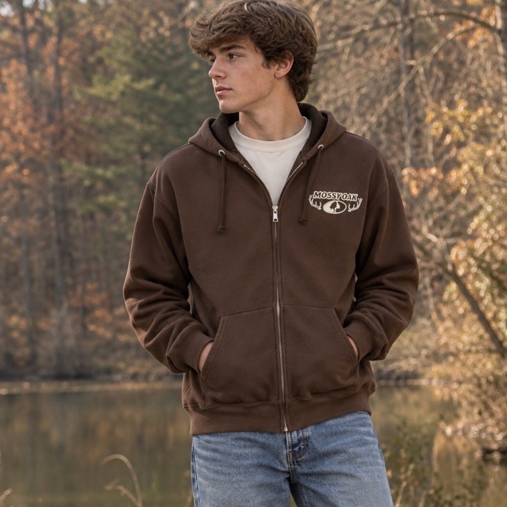 Vintage Jerzees Mossy Oak Mens L Brown Full Zip Hoodie Hunting Y2K NuBlend